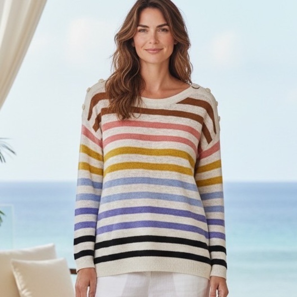 Talbots Striped Knit Sweater‎ Multicolor Button Shoulder Crew Neck Nautical L